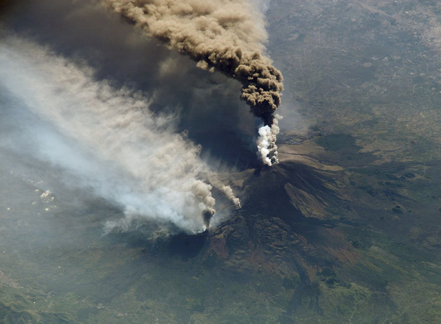 Etna erupting on 30 October 2002, seen from the International Space Station.