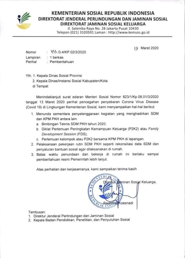 Image Photo circular letter from the Ministry of Social Affairs of the Republic of Indonesia To temporarily suspend all activities related to social society.