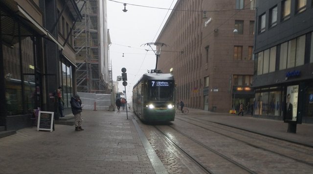 Number 7 tram travelling through Helsinki