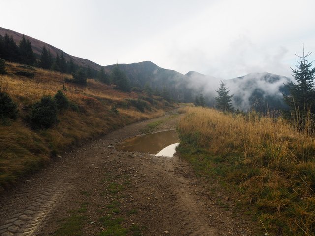 Traces of cars on a mountain path