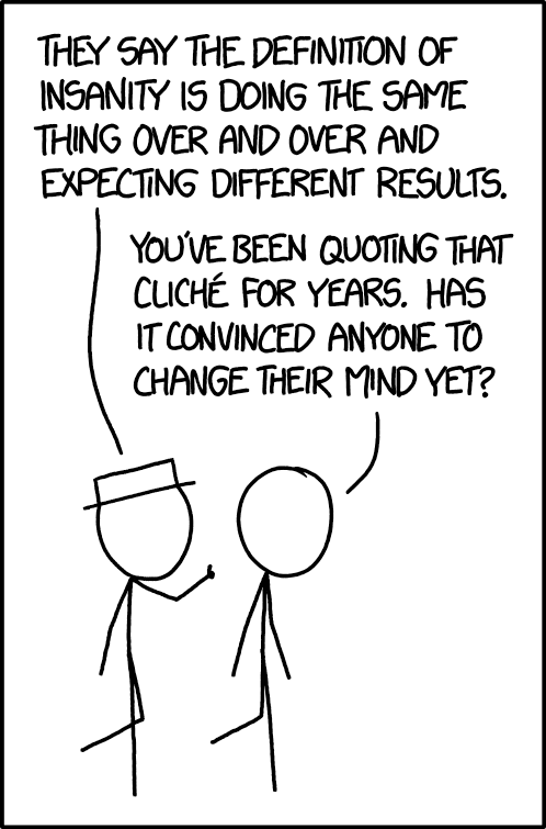 I looked up "insanity" in like 10 different dictionaries and none of them said anything like that. Neither did the DSM-4. But I'll keep looking. Maybe it's in the DSM-5!