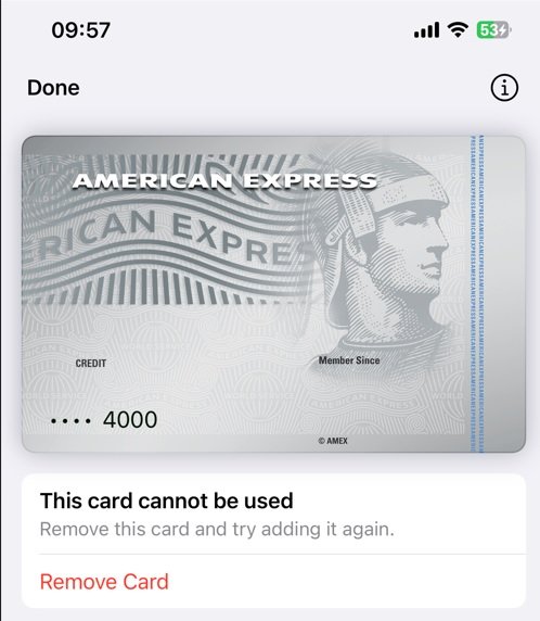 停了AMEX卡后很快 Apple Wallet钱包就显示该卡不能用了