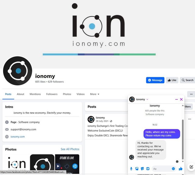 The Ionomy exchange page on FB; I sent a message but don't expect any response.