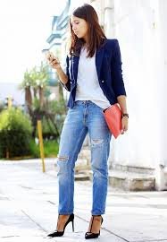 ways to style a white shirt .Free white top half tucked into a straight jean with a blazer and heels.