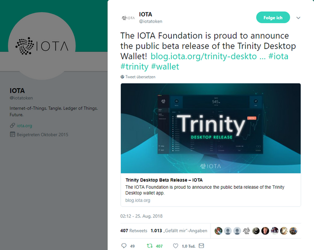 Trinity Ankündigung IOTA Twitter