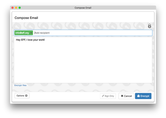 Composing an email in the mailvelope popup window