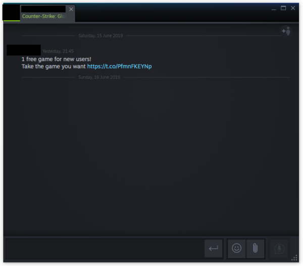 Steam phishing message