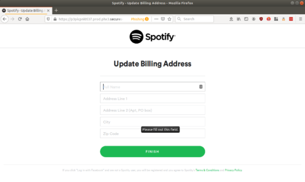 Spotify phishing attack last page