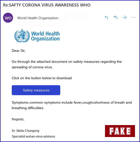 WHO Coronavirus phishing email