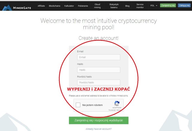 Kopalnia kryptowalut Minergate rejestracja 2