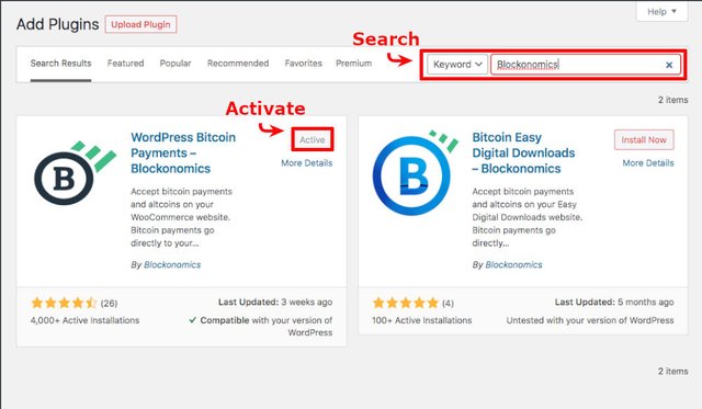 search for blockonomics install and activate