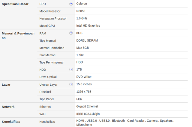 Spec Acer Aspire Es1-531