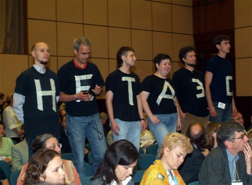 Photo from the protest at Civil G8 in Moscow. The letters read NO NUKES in Russian
