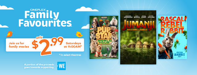 Cineplex Family Favourites: $2.99 on Saturdays: Jumanji, Peter Rabbit, Justice League and more