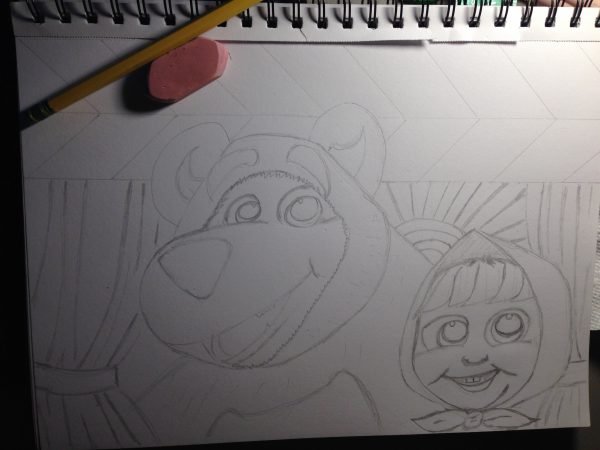 Masha and the Bear pencil sketch by Meredith Loughran