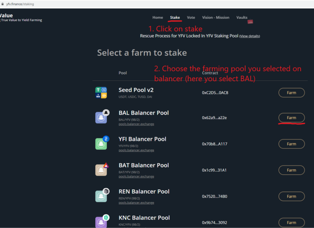 Stake BPT (balancer pool tokens) on yfv.finance page