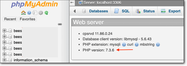 PHP version in phpmyadmin