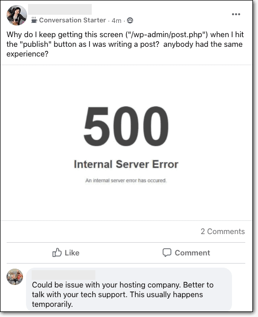 HTTP 500 error example social media