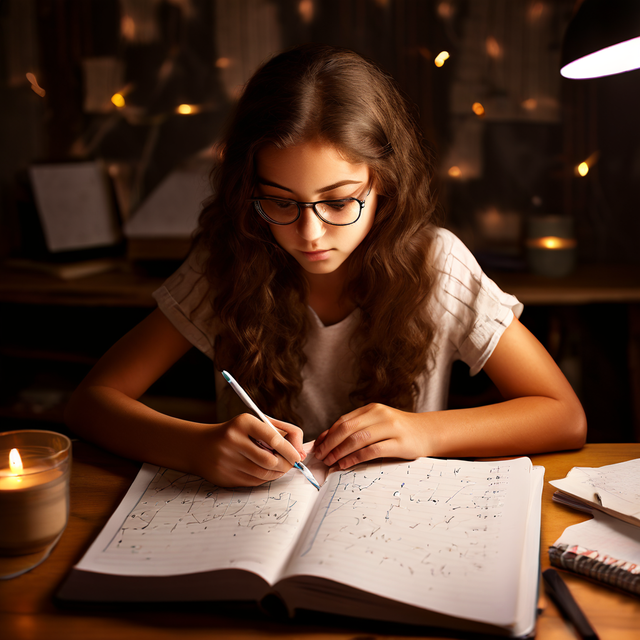 A girl is studying math, she is sitting at a table with math textbooks open, and is writing on a piece of paper..png