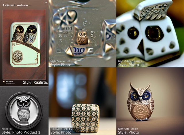 AI Art comparison: A die with owls on the sides