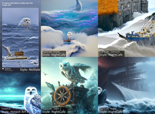 AI Art comparison: A snowy owl steers a ship over the rough sea