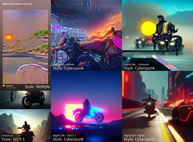 AI Art comparison: Motorcycle ride on the sun