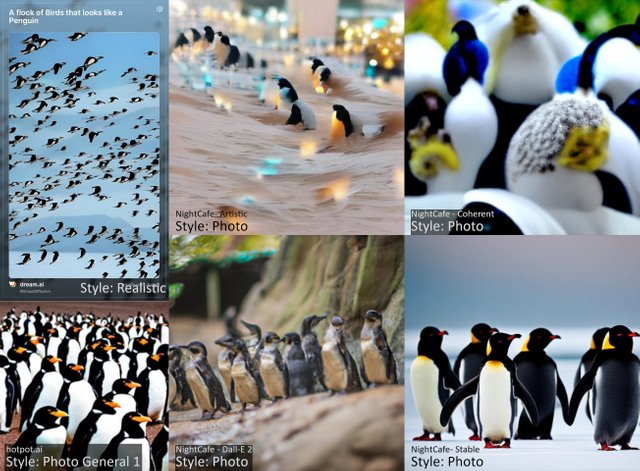 AI Art comparison: A flock of Birds that looks like a Penguin