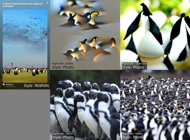 AI Art comparison: A flock of birds that has the shape of a penguin