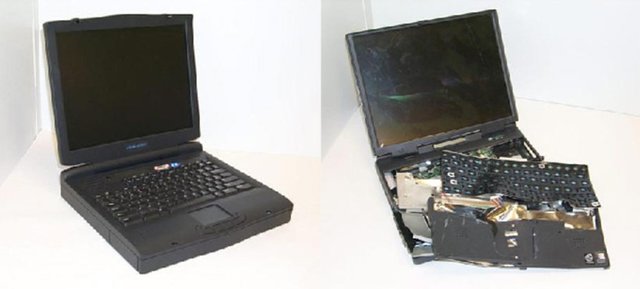 A laptop destroyed by the crew