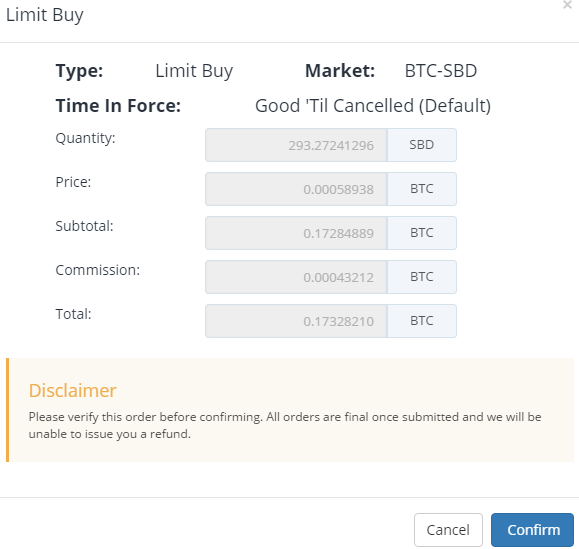 QUE.com.Bittrex.Buy.STEEM.SBD.confirm