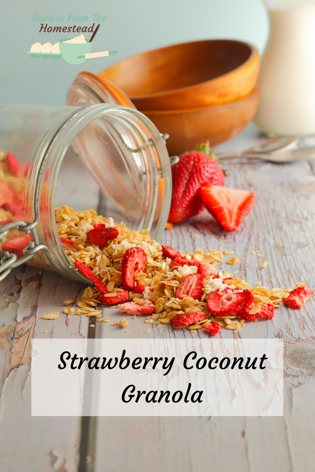 strawberry coconut granola spilling out of jar