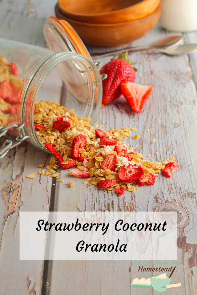 strawberry coconut granola splling out of jar