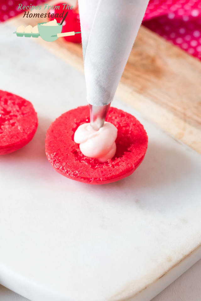 filing macaron shell with frosting