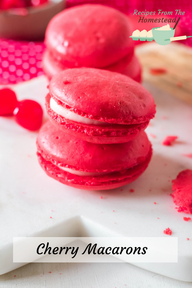 cherry macarons stacked on each other