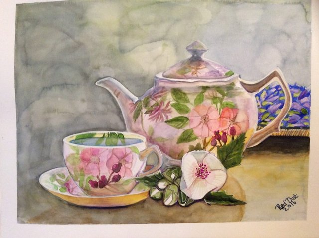 Mallow Flower And Blue Herbal Tea Painting Finished Original Art By Red Dust Steemit