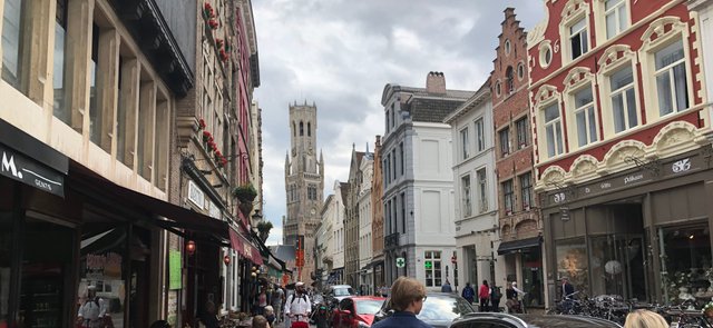 Approaching city center with Belfry of Bruges