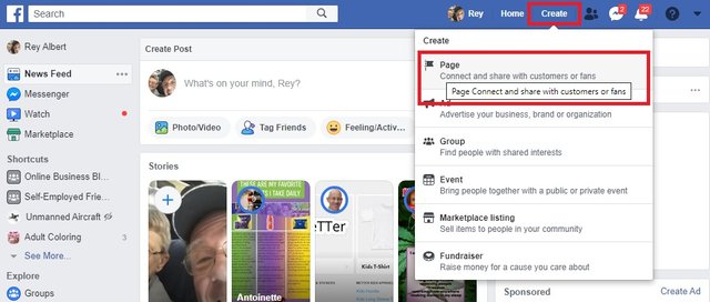 picture of facebook create a page dropdown