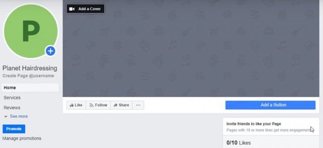 Picture of newly created Facebook page that is unfinished