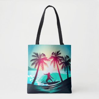 Surfing with palm trees tote bag
