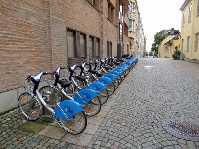 Rental bikes along a street of Gothenburg
