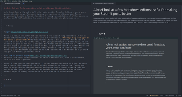 Atom, with the Markdown Preview Pane