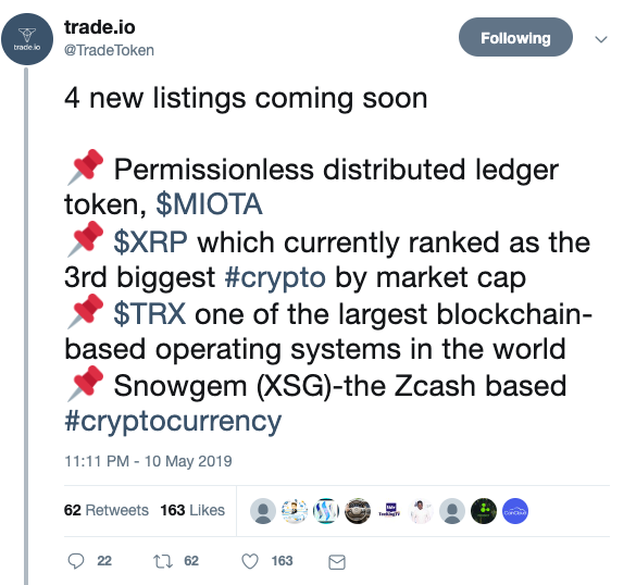 Trade.io new listings twitter