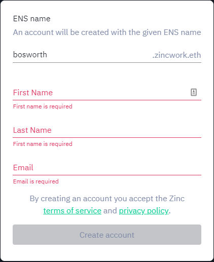 Zinc Account Info