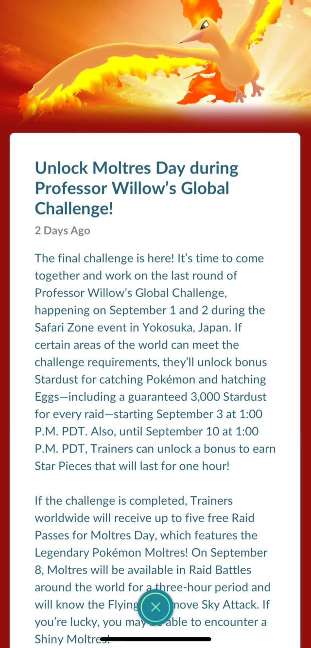 Unlock Moltres Day during Professor Willow's Global Challenge