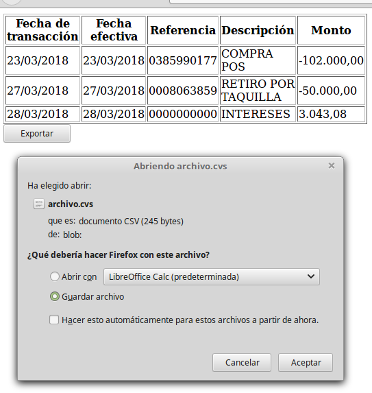 Vista de navegador con tabla HTML con datos de movimientos bancarios y un cuadro de descarga de archivo