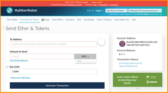 MyEtherWallet send receive ERC20 tokens and Ether