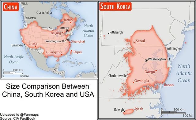 Size Comparison Between China, South Korea and the 48 Contiguous US