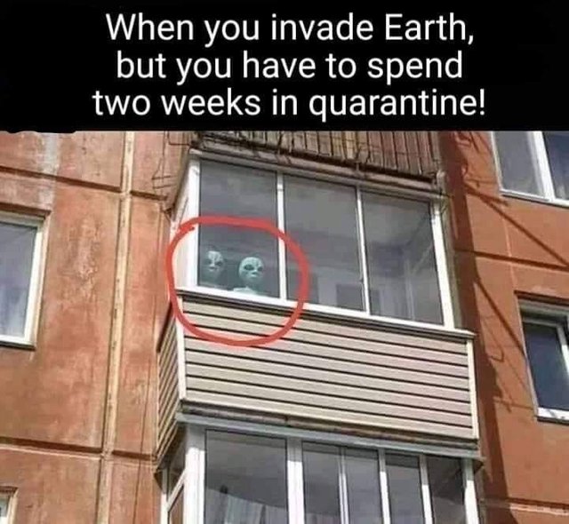 Image may contain: possible text that says 'When you invade Earth, but you have to spend two weeks in quarantine!'
