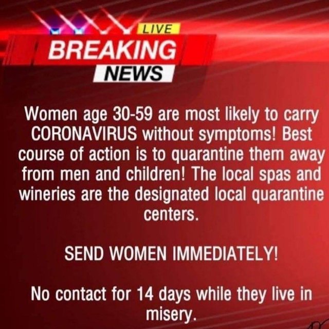 Image may contain: possible text that says 'LIVE BREAKING NEWS Women age 30-59 are most likely to carry CORONAVIRUS without symptoms! Best course of action is to quarantine them away from men and children! The local spas and wineries are the designated local quarantine centers. SEND WOMEN IMMEDIATELY! No contact for 14 days while they live in misery.'