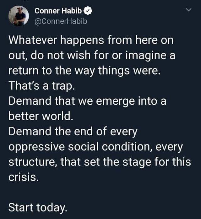 Image may contain: possible text that says 'Conner Habib @ConnerHabib Whatever happens from here on out, do not wish for or imagine a return to the way things were. That's a trap. Demand that we emerge into a better world. Demand the end of every oppressive social condition, every structure, that set the stage for this crisis. Start today.'